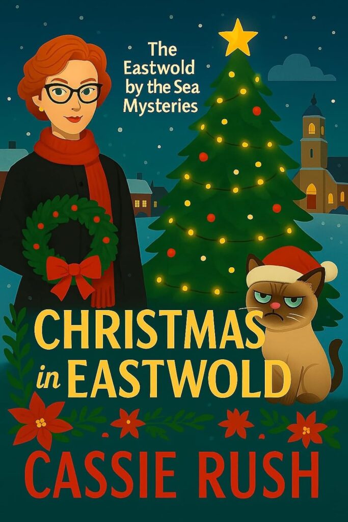Book cover of Christmas in Eastwold by Cassie Rush, showing a woman holding a Christmas wreath beside a decorated Christmas tree, with a seaside village church in the background and a grumpy-looking cat wearing a Santa hat.