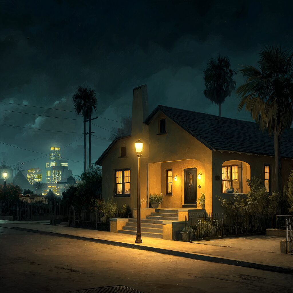 A small bungalow lit by a glowing streetlamp on a quiet night street, with palm trees overhead and a distant city skyline under heavy clouds.