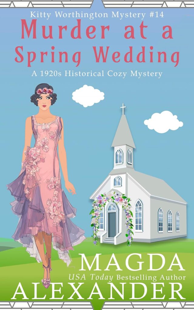 Bright illustrated book cover with a blue sky background showing a 1920s woman in a pink floral drop-waist dress and flower crown, standing on green grass beside a white country church with a floral arch over its entrance