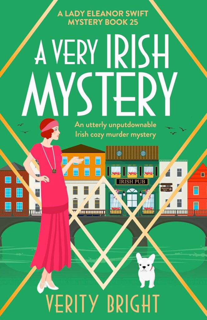 Bright green illustrated book cover showing a 1920s woman in a pink dress and red headband standing beside a small white French Bulldog, with a colourful Irish street scene and pub behind them, framed by gold diamond-shaped borders