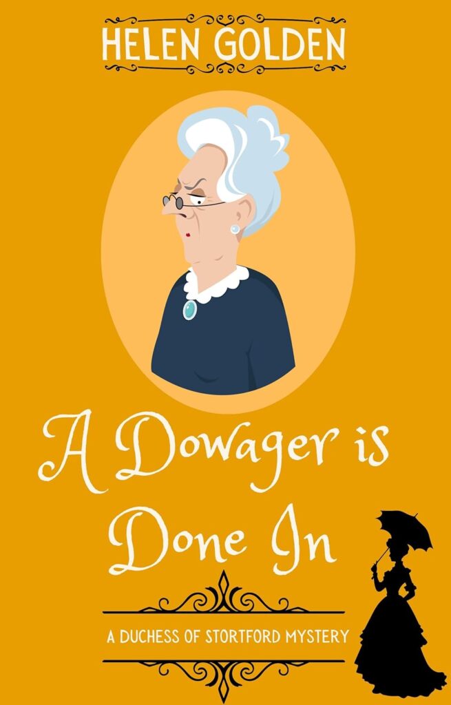 Mustard yellow book cover with a cartoon illustration of a stern-looking elderly woman with white curly hair, round spectacles, and a turquoise brooch, framed in a peach oval, with a small black silhouette of a Victorian woman holding a parasol in the bottom right corner