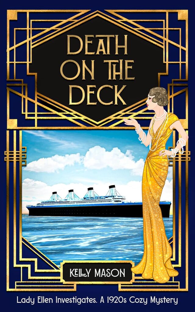 Art Deco book cover in navy blue and gold featuring an illustrated 1920s woman in a glamorous gold gown and pearl necklace, standing beside a framed image of an ocean liner at sea