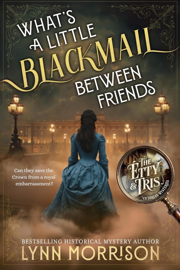 Atmospheric book cover showing a woman in a blue Victorian bustle dress seen from behind, gazing towards a grand lamp-lit palace through golden mist, with an ornate magnifying glass in the bottom right showing the series logo