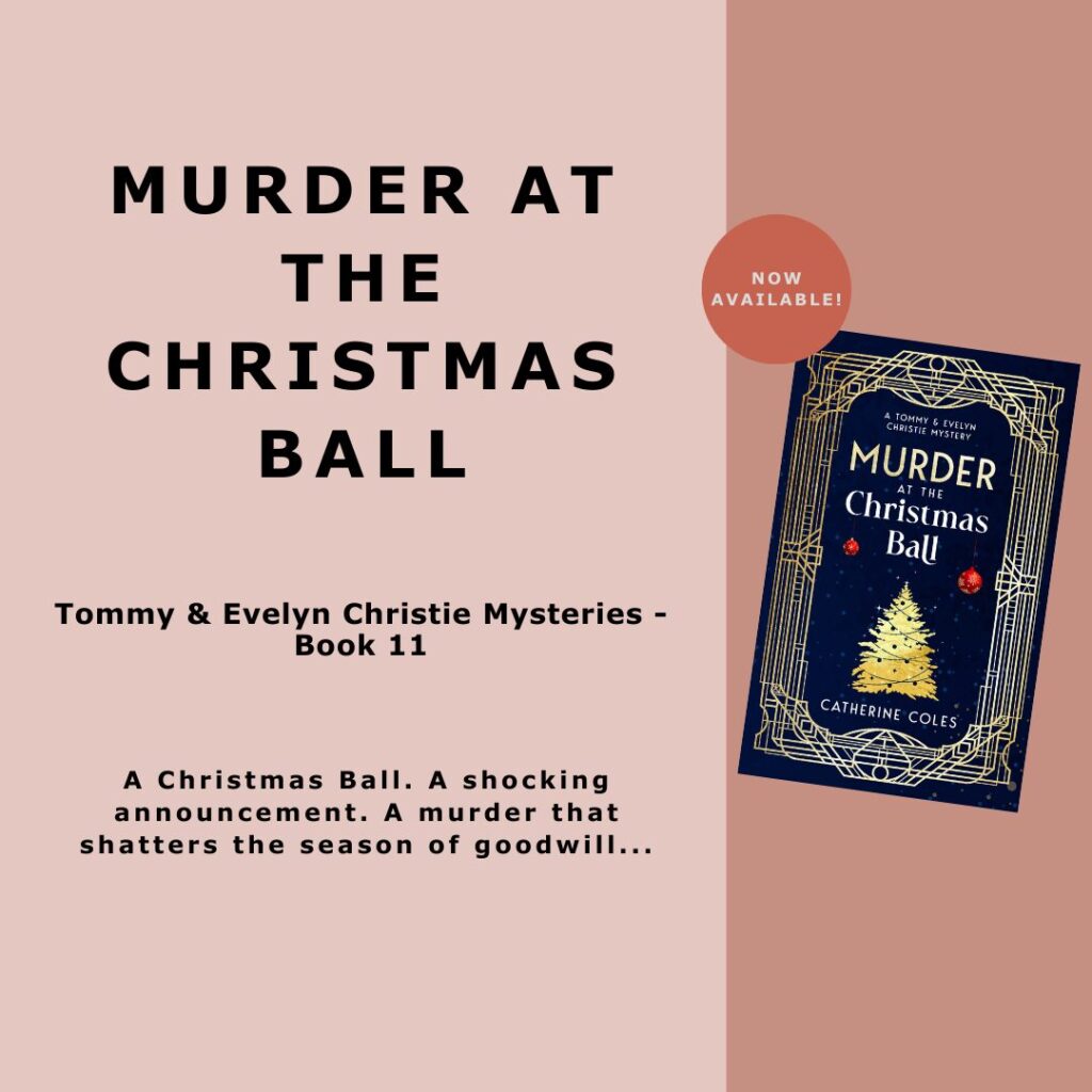 Promotional graphic for Murder at the Christmas Ball by Catherine Coles, featuring the book cover with a navy blue and gold Art Deco design showing a gold Christmas tree and red baubles, tilted at an angle against a dusky pink two-tone background, with a coral "Now Available!" badge